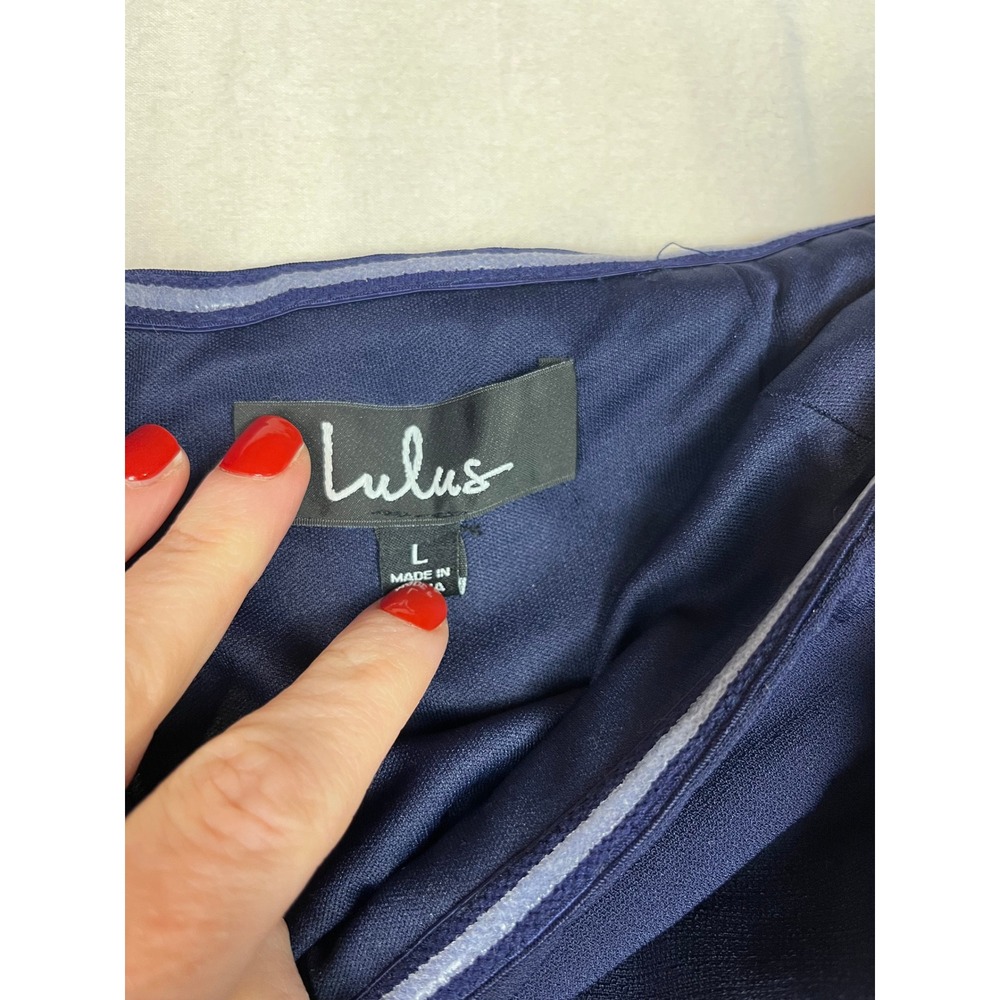 Lulus Navy Blue Strapless Popover Ruffle Midi Dress Pockets Large 0597 - Picture 4 of 6